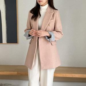 여자 겨울 정장룩 벨티드 핑크 하프 모직 롱 코트_3