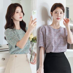 [시크라인] (~XL까지) 페퍼민트 트위드 퍼프 티 봄,가을 티셔츠 7부 하객룩 오피스룩 격식룩 출근룩 데이트룩 면접룩