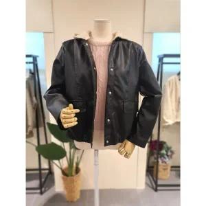 [대구백화점] [미스칸트]배색 후드 에코 가죽 점퍼 블랙(KOLTO201)