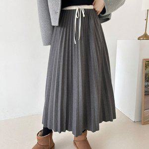 [옷자락]여자 겨울 도톰 코튼 플리츠 배색 밴딩 롱스커트