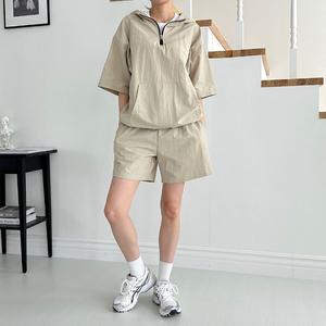 여성 캐주얼 후드 반팔 반집업 세트 아노락 여자 셋업