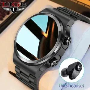 스마트워치 LIGE 스마트 워치 남자 TWS 블루투스 이어폰 전화 음악 건강 모니터 멀티 다이얼 스포츠 피트니