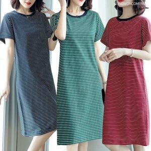 이너퀸 프리수 여성용 스트라이프 줄무늬 단가라 라운드넥 반팔 H라인 일자 원피스 빅사이즈 잠옷 홈웨어 이지웨어 파자마 반팔스트라이프원피스