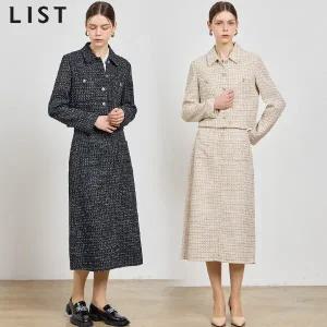 [리스트]2SET [리스트(LIST)] 골드버튼 트위드 재킷 슬릿 미디 스커트 2종세트 (