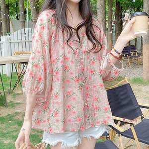 여성 블라우스 플라워 퍼프 꽃무늬 소매 여름tuv001