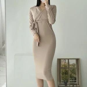 /옷자락 여자 저지 랩스타일 엠파이어 긴팔 원피스