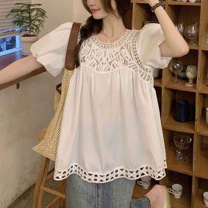 [기타]펀칭 레이스 플라워 자수 A라인 반팔 블라우스