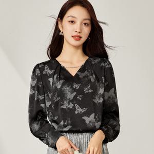 여자블라우스 오피스룩 긴팔 브이넥 루즈 블라우스 플라워 봄가을 심쿵희망