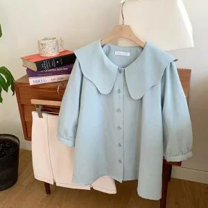 국산 여성 웨이브 세일러 빅카라 7부 블라우스 REI-WBL-4418-민트