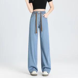 [ 품절임박 -30% ] RY-9755/ 텐셀 스판 경량 데님 얇은원단 여성와이드청바지 밴딩 고무줄 일자