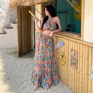 여성 휴양지 보헤미안 셔링 플레어 쉬폰 투피스