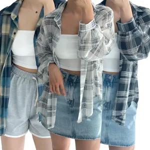 [1+1] 여성 여름셔츠 체크남방 오버핏 얇은긴팔 살안타템 시스루 린넨 롱 긴팔 블라우스 체크셔츠