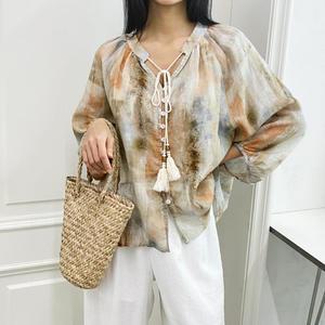여자 썸머 린넨 에스닉 나염 오버핏 블라우스