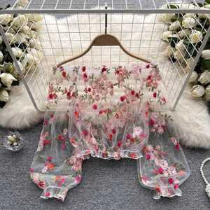 여성 메시 자수 오프숄더 시스루 셔츠 퍼프 슬리브