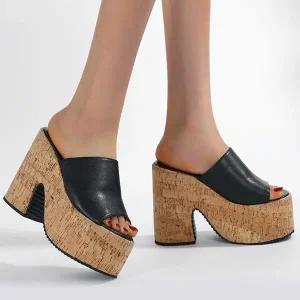 시크덩꼬 심플 우드 그레인 통굽 슬리퍼 뮬샌들