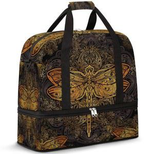 빈티지 드래곤플라이 레트로 만다라 스포츠 짐 가방 접이식 여행 더플백 신발 수납공간 드라이 및 습식 분리 남성 여성 요가 밤샘 주말 휴가