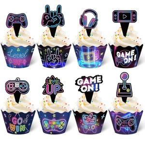 Nuenen 96 Pcs 비디오 게임 컵케이크 토퍼 장식 온 컨트롤러 컵케이크, 소년 게이머 생일 기념 파티(네온)를 위한 게임패드 케이크 선택