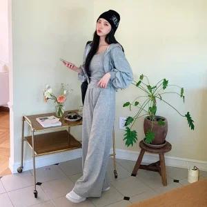 여성 봄 가을 3피스 면 무지 후드집업 나시 와이드팬츠 트레이닝 세트 츄리닝 셋업 PST0039S
