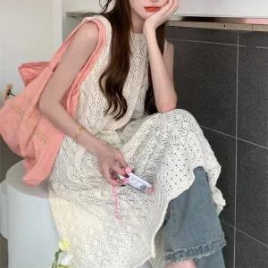 레이어드 롱조끼 긴조끼 니트 그물 뒷트임 시스루짜임 (WFJL1TY)