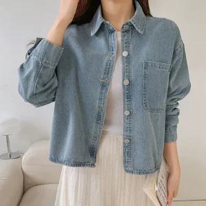 원포켓 카라 세미 크롭 데님 셔츠 면100 여성 간절기 가을 긴팔 청남방 자켓겸용
