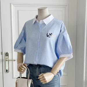 [샵앤][샵앤] 썸머 스트라이프 5부 여성 카라넥 데일리 반팔 셔츠남방 DGB-WNB-3496-블루