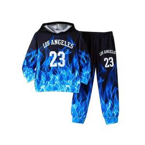 플래디어 보이 스웨트슈트 투피스 팬츠 세트 3D 파이어 프린트 후드 스웨트셔츠와 스웨트 5-14세 소년용 의상