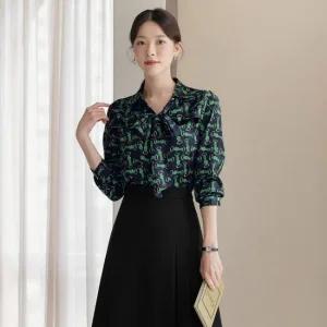 [시크라인] 아리벤 싱글카라 러플타이 패턴 블라우스