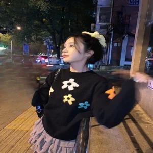 플라워 여성 니트티 빅사이즈 스웨터 긴팔 복고풍 꽃무늬니트