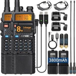 햄 라디오 바오펑 UV-5R 8W 장거리 UV5R 듀얼 밴드 휴대용 고출력 3800mAh 충전식 무전기 양방향 무전기, 서바이벌 기어용 이어피스, 2Pack