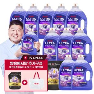 방송중 쉬슬러 울트라 액티브 워시 3.05L(10)+유연제 파우더 2.6L(2)+타포린백