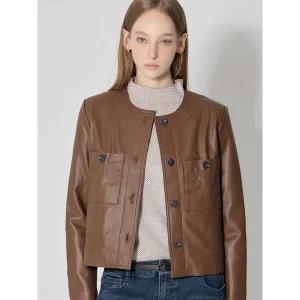 [르오트]LeOT)] 천연양가죽100 라운드넥 램스킨 레더 자켓