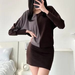 여자 겨울 배색 가오리 스판 미니 원피스_4