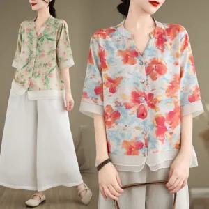 은창수채화 밑단 플라워 썸머 셔츠 블라우스 반팔 티셔츠 여름 상의 퍼프 상의 블라우스 티셔츠