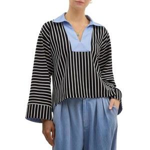 케데라 여성 스트라이프 비즈니스 캐주얼 상의 긴 소매 V넥 스웨트 셔츠 칼라 오버사이즈 트렌디 폴로 럭비