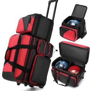 바퀴가 달린 볼 볼링백 3개, 신발장과 접이식 손잡이가 볼리그 롤러백 볼볼링 2개 + 토트에 컬러 매칭 1개 추가(레드-블랙)