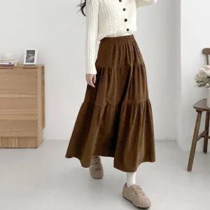 |CSK16DF|여성용 사랑스러운 골덴 롱스커트 스타일 셔링 캉캉 치마