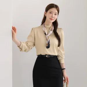 [시크라인] (~XXL까지) 아케바로 하이넥 새틴 블라우스 가을 퍼프소매 하객룩 오피스룩 모임룩 격식룩 빅사이즈