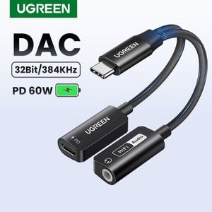 UGREEN 사운드 카드 DAC 칩 C타입 ~ 3.5mm AUX 케이블 어댑터 이어폰 변환기 PD QC 헤드셋 용 충전