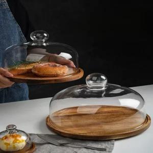 케이크 돔 트레이 받침대 나무 뚜껑 카페 커버 유리