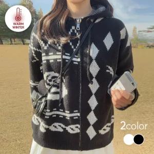 이서 오브 블랙 자카드 패턴 후드 니트집업 겨울 가을울 여코디 니트티 여성점퍼 노르딕 아우터 캐주얼룩
