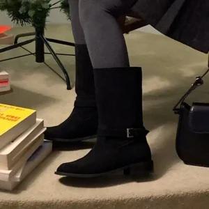 여성 소가죽 블랙 버클 미들 롱부츠 천연가죽 데일리