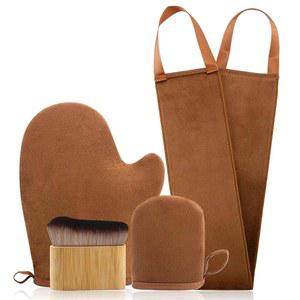 셀프 태닝 미트, 백 로션 어플리케이터, 미니 미트 및 울트라 소프트 태너 브러시 대나무 가부키 브러시를 위한 글러브가 포함된 FUAN 어플리케이터 키트, 브라운