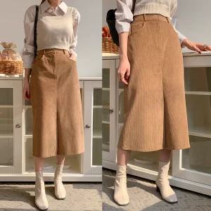 여성 뒷밴딩 앞트임 골덴 H라인 롱스커트 11SK0127 가을 겨울