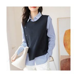 여성용 데일리 빅사이즈 카라넥 캐주얼 블라우스 니트조끼 스트라이프 레이어드 긴팔 셔츠