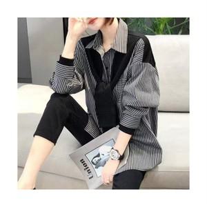 여성용 봄 빅사이즈 루즈핏 긴팔 남방 스트라이프 셔츠