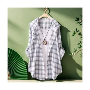 여성용 빅사이즈 오버핏 자외선 차단 남방 자켓 후드 체크 롱 셔츠