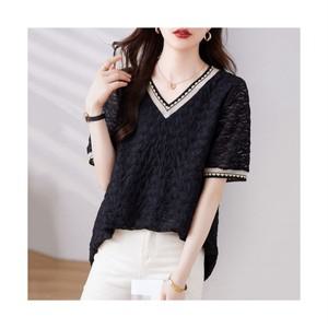 여성용 여름 빅사이즈 브이넥 루즈핏 쉬폰 반팔 티셔츠 미디 블라우스