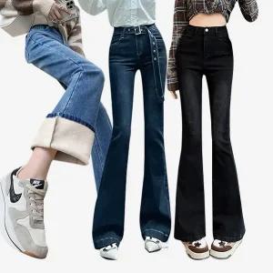 여성청바지 부츠컷 나팔바지 겨울 융 기모 스판 데님팬츠 여성 빅사이즈 와이드 통바지