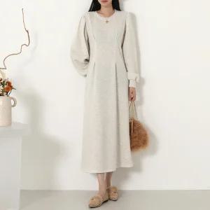 벤쓰 기모 다트 퍼프 소매 롱 원피스_BDOP100