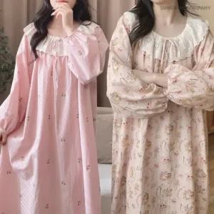 이너퀸 프리수 여성용 레이스 카라 밴드넥 브라캡 캡내장 노브라 롱 긴팔 하트 플라워 패턴 원피스 잠옷 홈웨어 이지웨어 빅레이스원피스